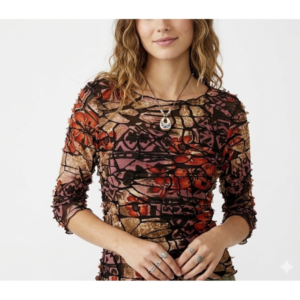 Snoskins Small Brown Red Abstract Art to Wear Stretch 3/4 Sleeve Blouse Festival